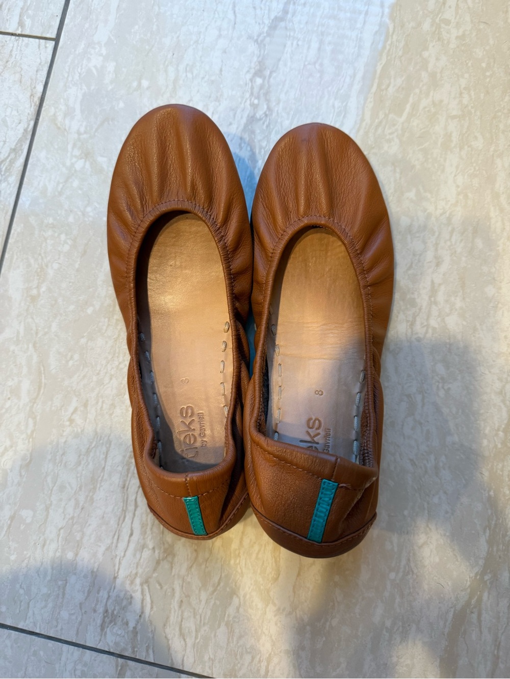 Tieks Brown Leather Ballet Flats with Teal Heel Tab